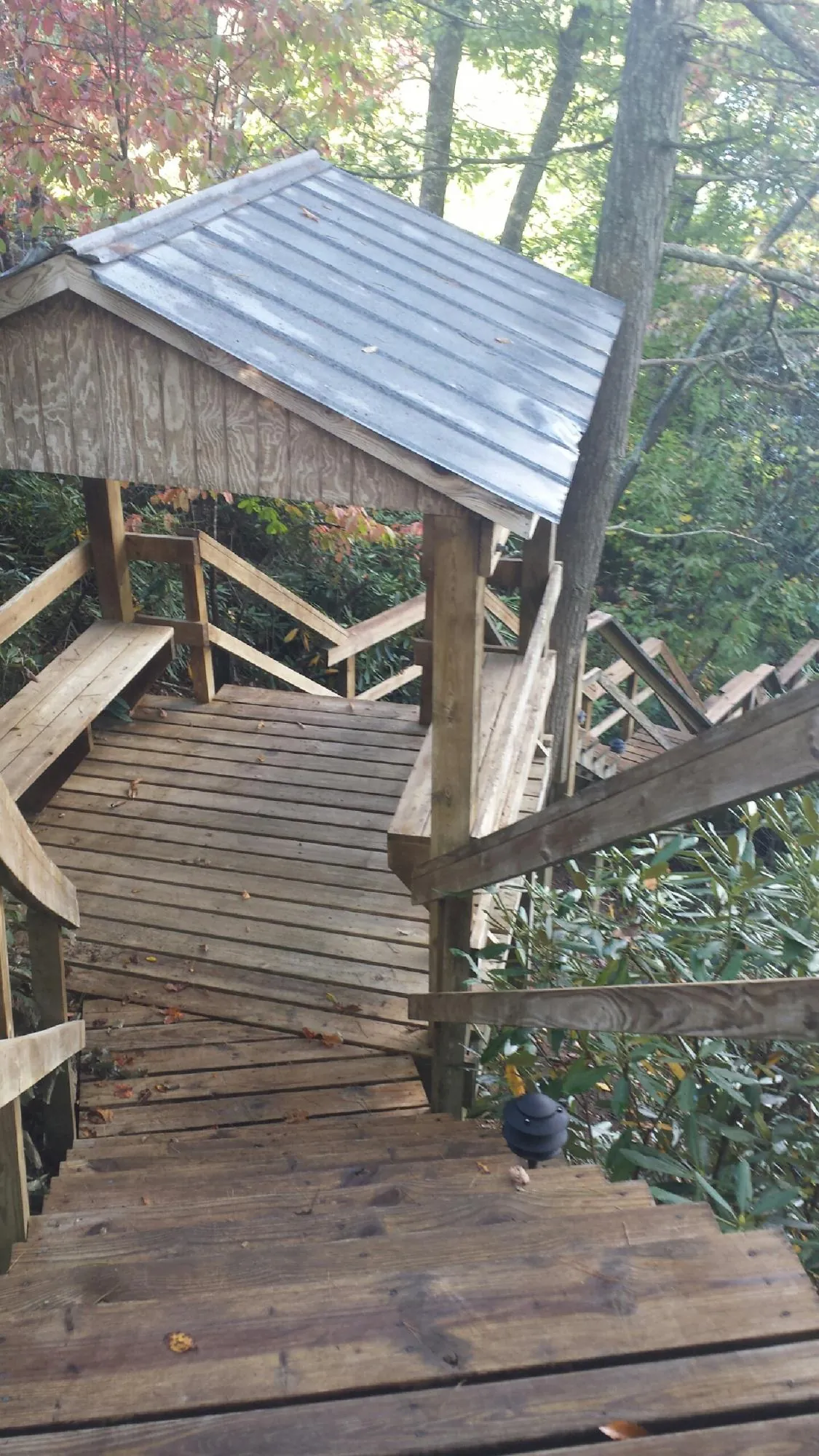 Metal roofed shelter over wooden steps on a wooded walkway — Skylight Repair & Installation work by our crew in Renfrew